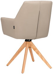 Rückansicht eines modernen Armlehnstuhls mit beigem Polster und Holzbeinen.