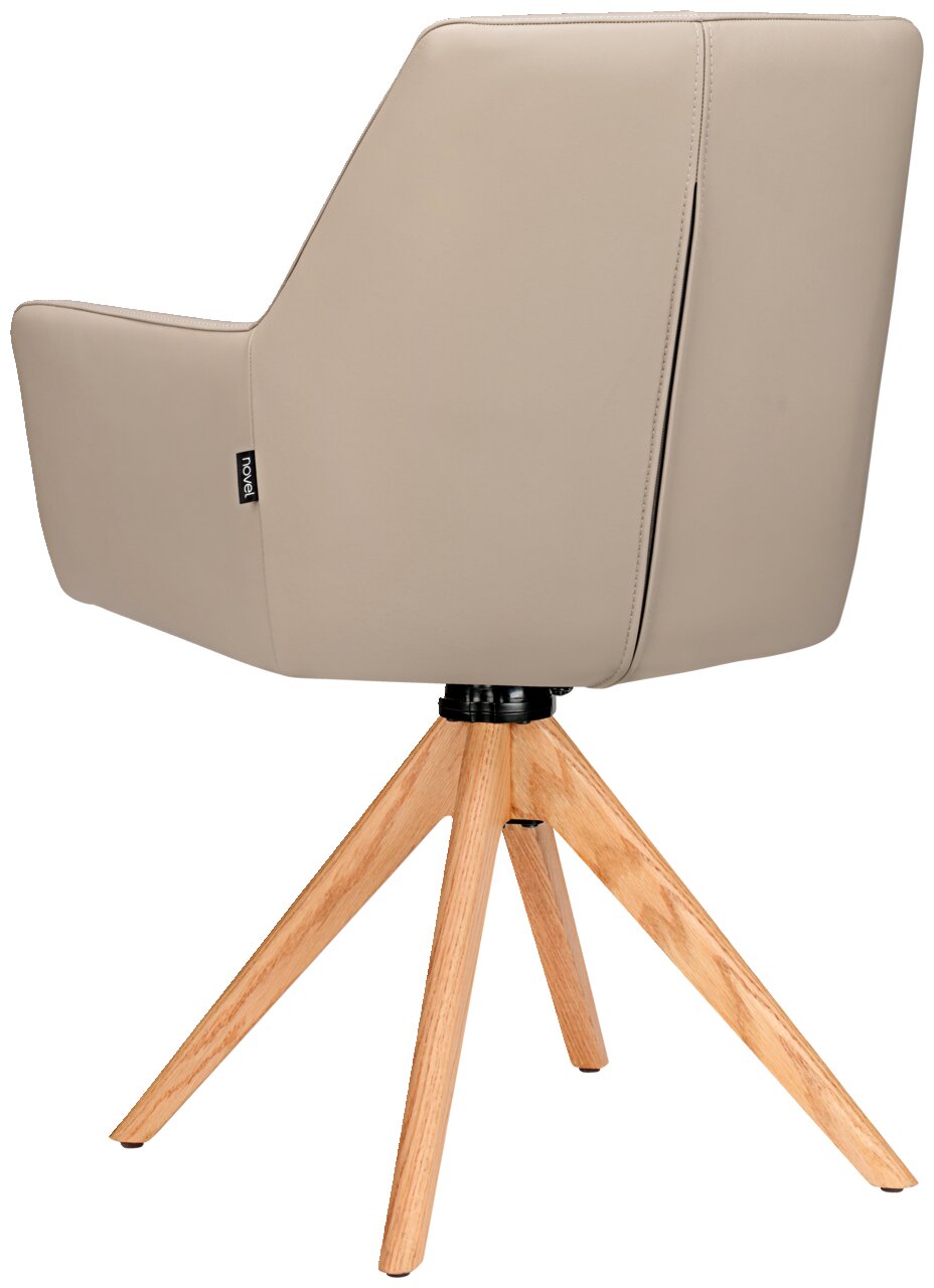 Rückansicht eines modernen Armlehnstuhls mit beigem Polster und Holzbeinen.