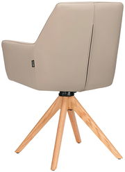 Rückansicht eines modernen Armlehnstuhls mit beigem Polster und Holzbeinen.