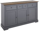 Graues Sideboard mit drei Schubladen und drei Türen, aus seitlicher Perspektive fotografiert.