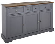 Graues Sideboard mit drei Schubladen und drei Türen, aus seitlicher Perspektive fotografiert.