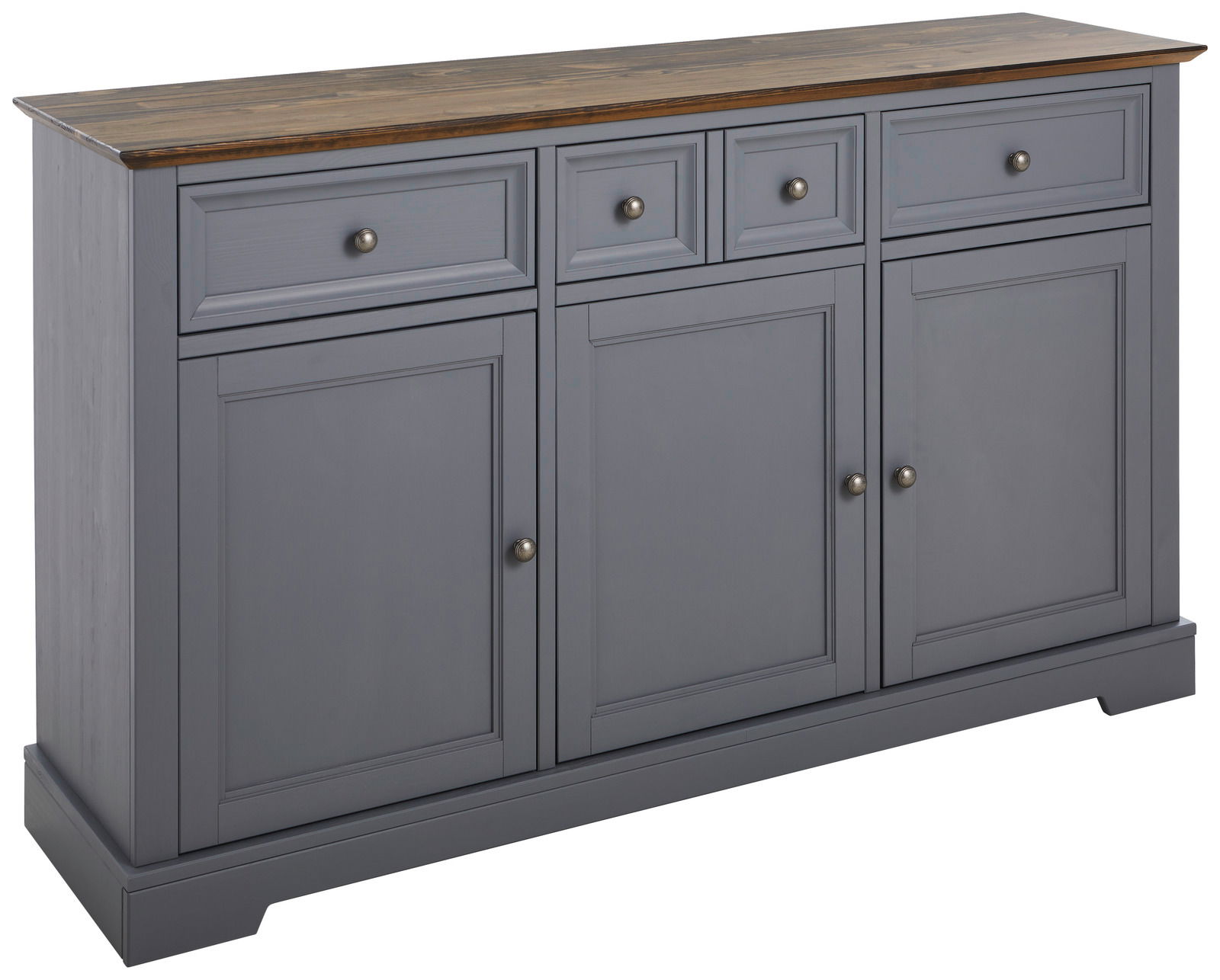 Graues Sideboard mit drei Schubladen und drei Türen, aus seitlicher Perspektive fotografiert.