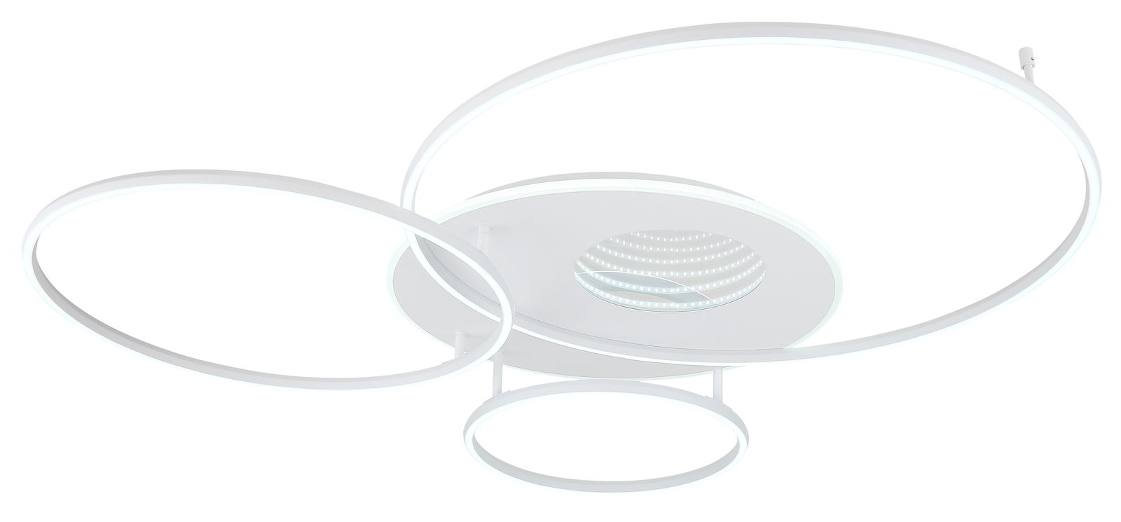 Moderne LED-Deckenleuchte mit drei kreisförmigen Ringen, seitliche Perspektive