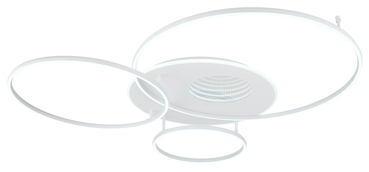 Moderne LED-Deckenleuchte mit drei kreisförmigen Ringen, seitliche Perspektive