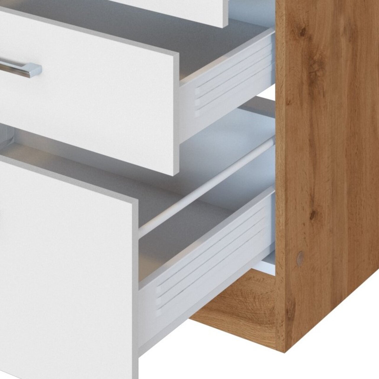 Nahaufnahme einer Küchenschublade mit weißer Front und Holzseite, teilweise geöffnet, seitliche Perspektive.
