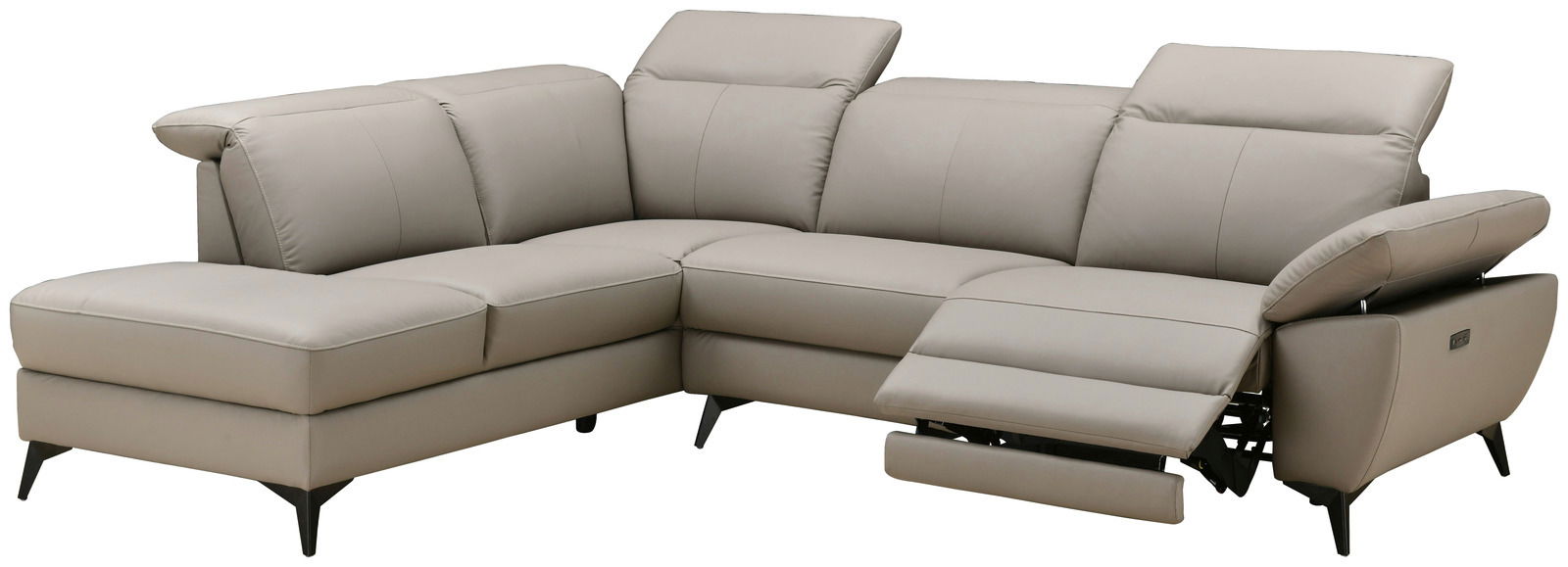 Eckgarnitur in hellgrauem Leder mit linker Ecke und rechtem Zweisitzer, inklusive verstellbarer Kopfstützen und ausklappbarem Fußteil, Perspektive von vorne rechts.