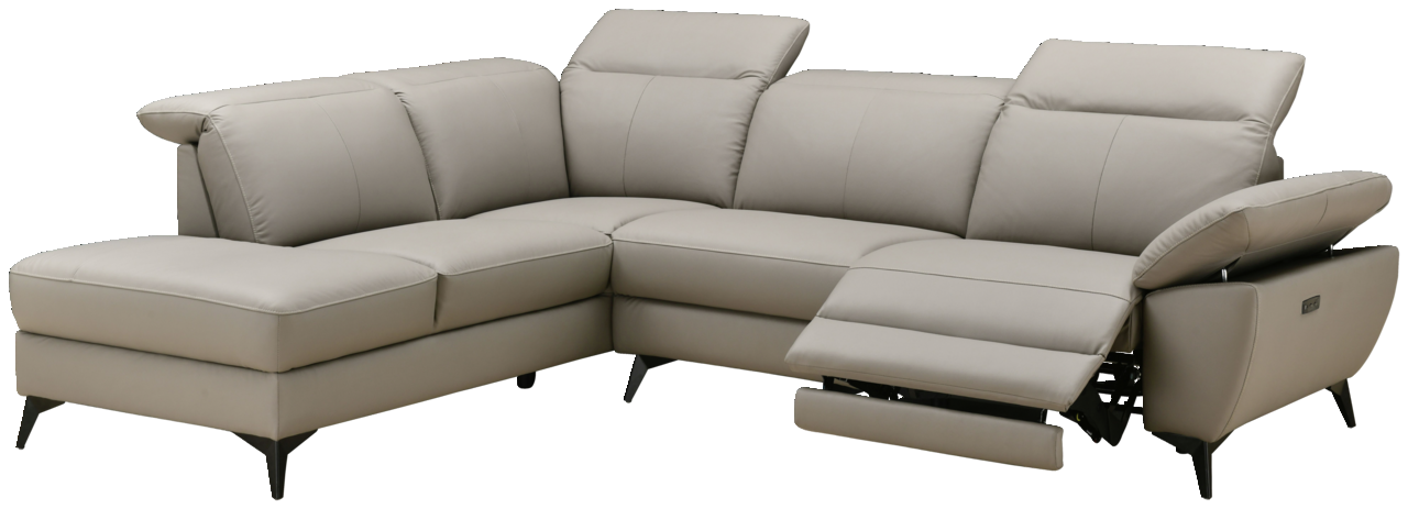 Eckgarnitur in hellgrauem Leder mit linker Ecke und rechtem Zweisitzer, inklusive verstellbarer Kopfstützen und ausklappbarem Fußteil, Perspektive von vorne rechts.