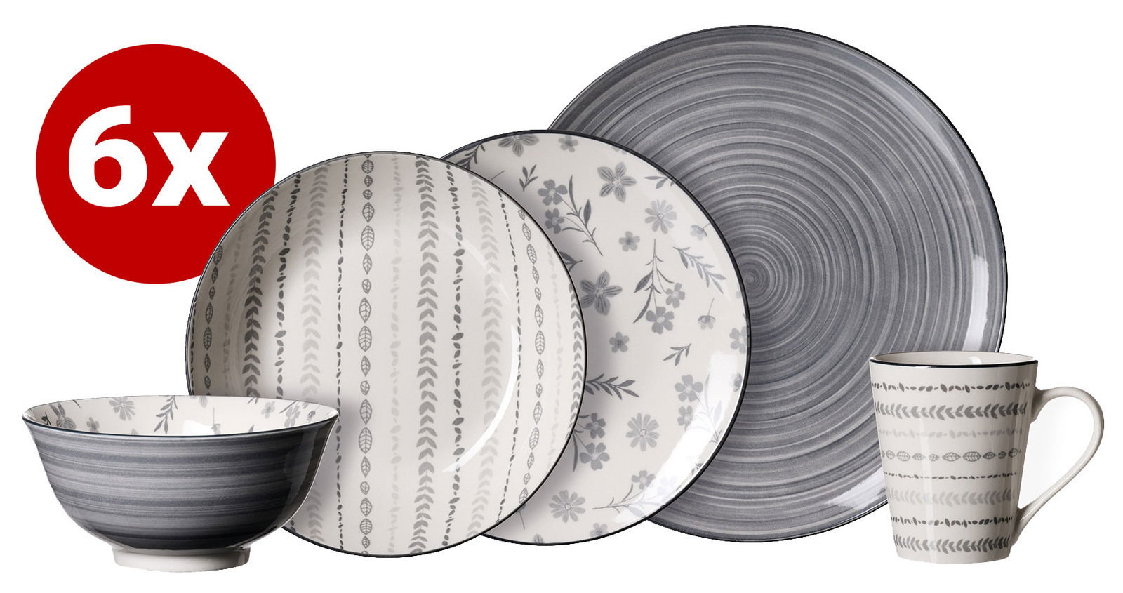 Kombiservice 30-tlg. in Grau und Weiß mit floralen und geometrischen Mustern, bestehend aus Tellern, Schalen und Tassen, seitliche Perspektive