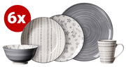 Kombiservice 30-tlg. in Grau und Weiß mit floralen und geometrischen Mustern, bestehend aus Tellern, Schalen und Tassen, seitliche Perspektive