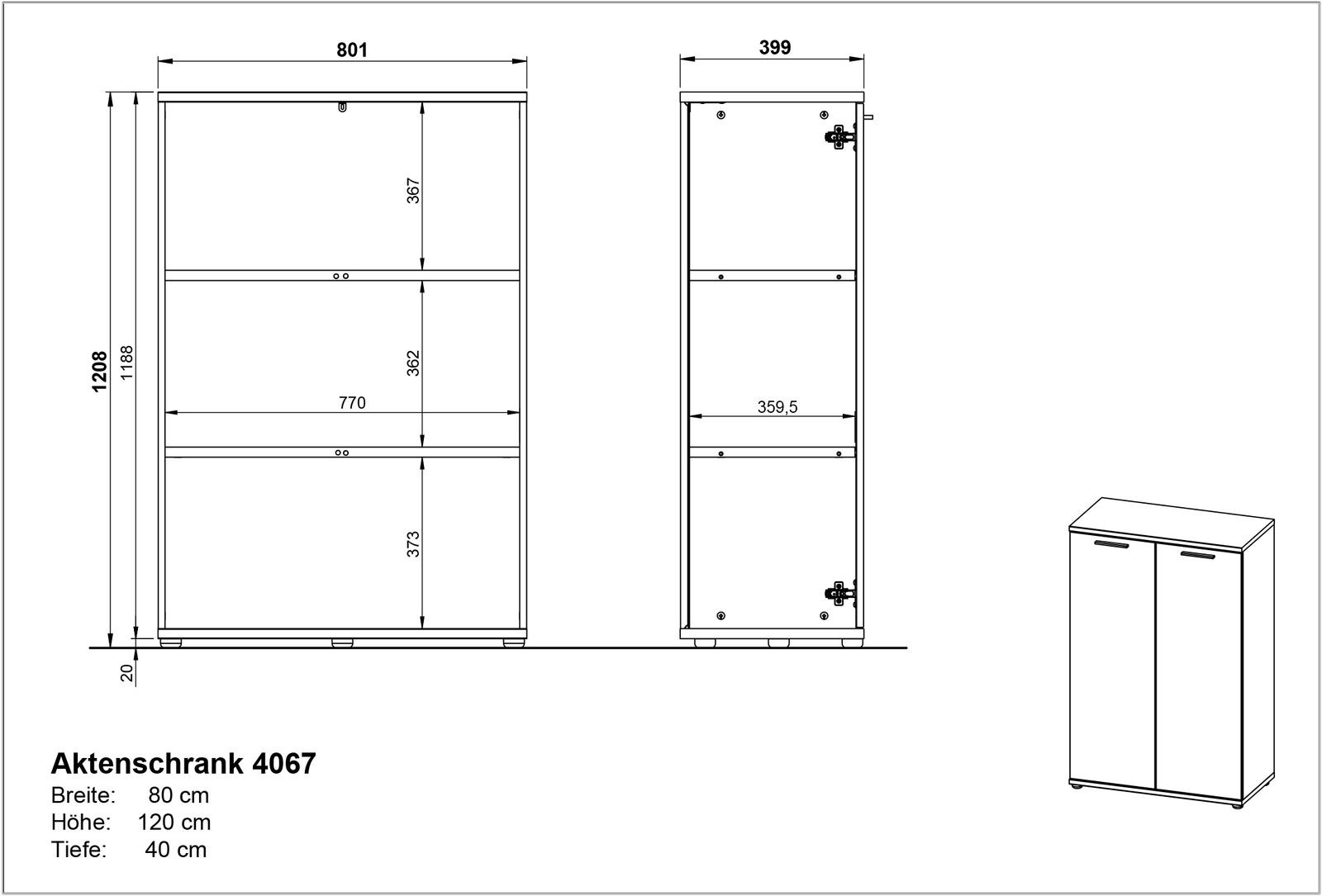 Zeichnung eines Aktenschranks mit zwei Türen, Vorder- und Seitenansicht, Maße: Breite 80 cm, Höhe 120 cm, Tiefe 40 cm