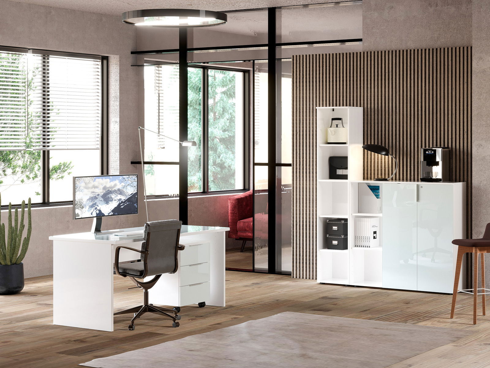 Modernes Büro mit weißem Schreibtisch und Aktenschrank, seitliche Perspektive