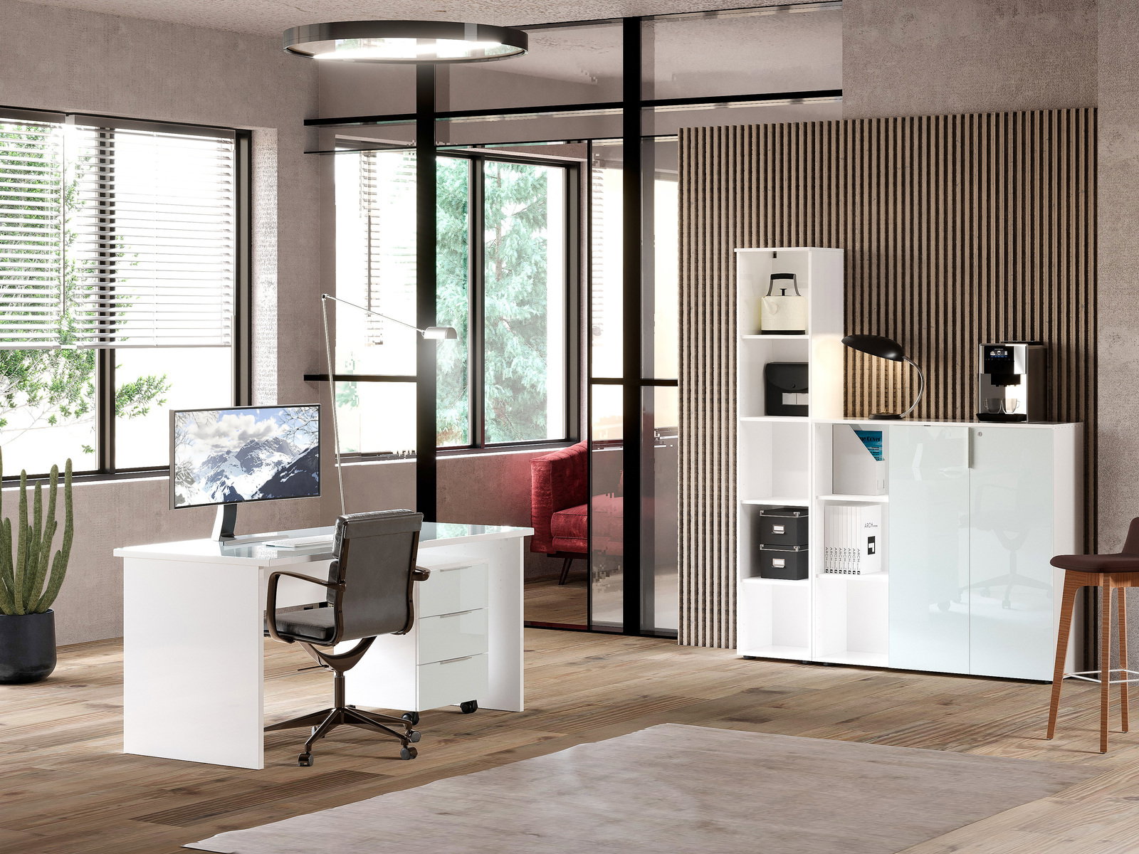 Modernes Büro mit weißem Schreibtisch und Aktenschrank, seitliche Perspektive