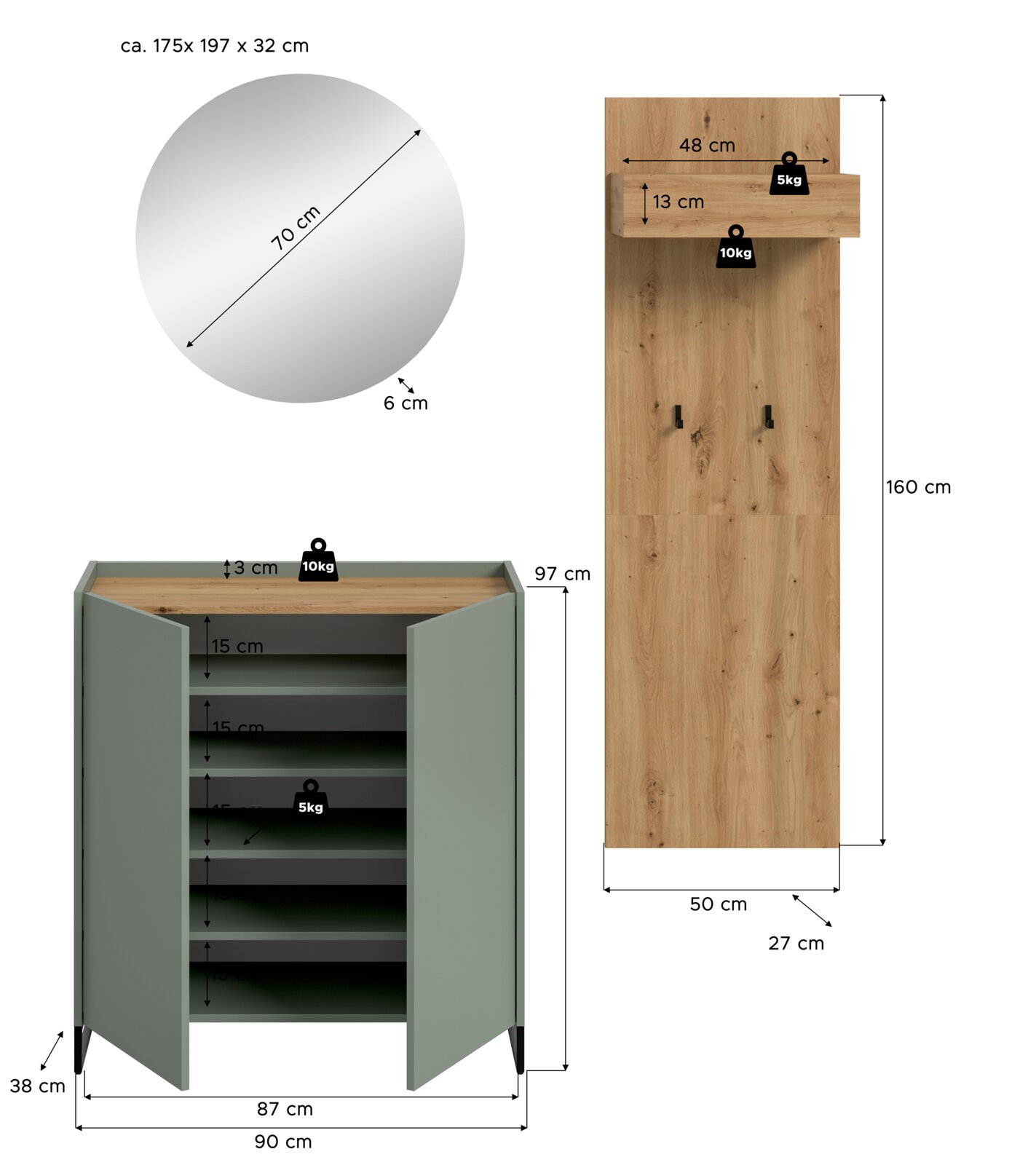 Maßgrafik eines Möbelsets: runder Spiegel (Ø 70 cm, Tiefe ca. 6 cm) in Frontalansicht, offene Kommode/Schuhschrank in Frontansicht mit geöffneten Türen (ca. 90 cm breit, 97 cm hoch, 38 cm tief) sowie Holz-Wandpaneel in Frontalansicht (160 × 50 × 27 cm) mi