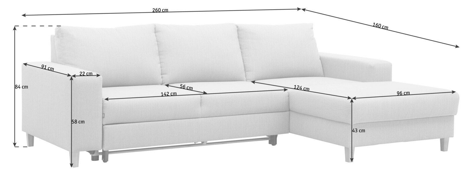 Weiße Eckcouch mit Maßen: 260 cm Breite, 160 cm Tiefe, 84 cm Höhe. Perspektive von vorne links.