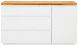Frontale Ansicht eines weißen Sideboards mit drei Schubladen und einer Tür, gekrönt von einer Holzplatte.