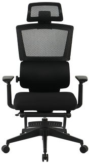 Moderner schwarzer Chefsessel mit Netzrückenlehne und Kopfstütze, Frontalansicht