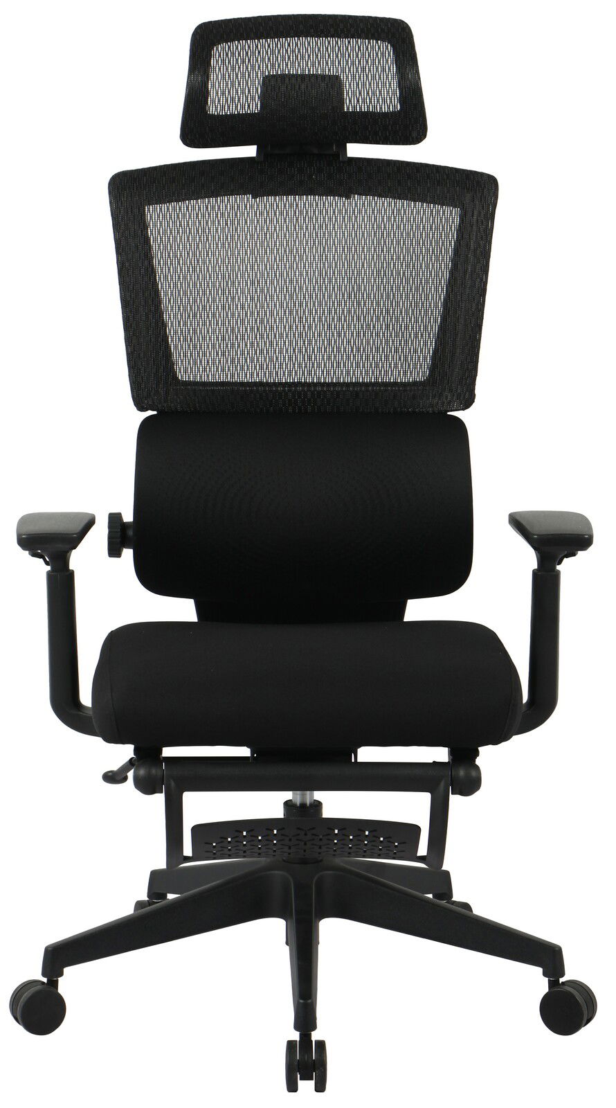 Moderner schwarzer Chefsessel mit Netzrückenlehne und Kopfstütze, Frontalansicht