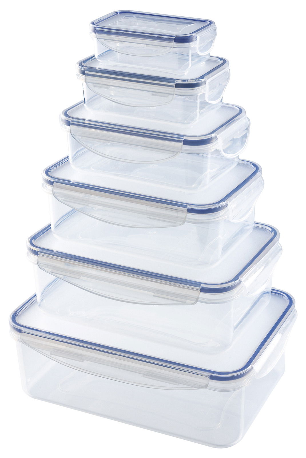 GOURMETMAXX Frischhaltedosen-Set 6-tlg. GOURMETMAXX Stapel von transparenten Frischhaltedosen mit blauen Deckeln, seitliche Perspektive