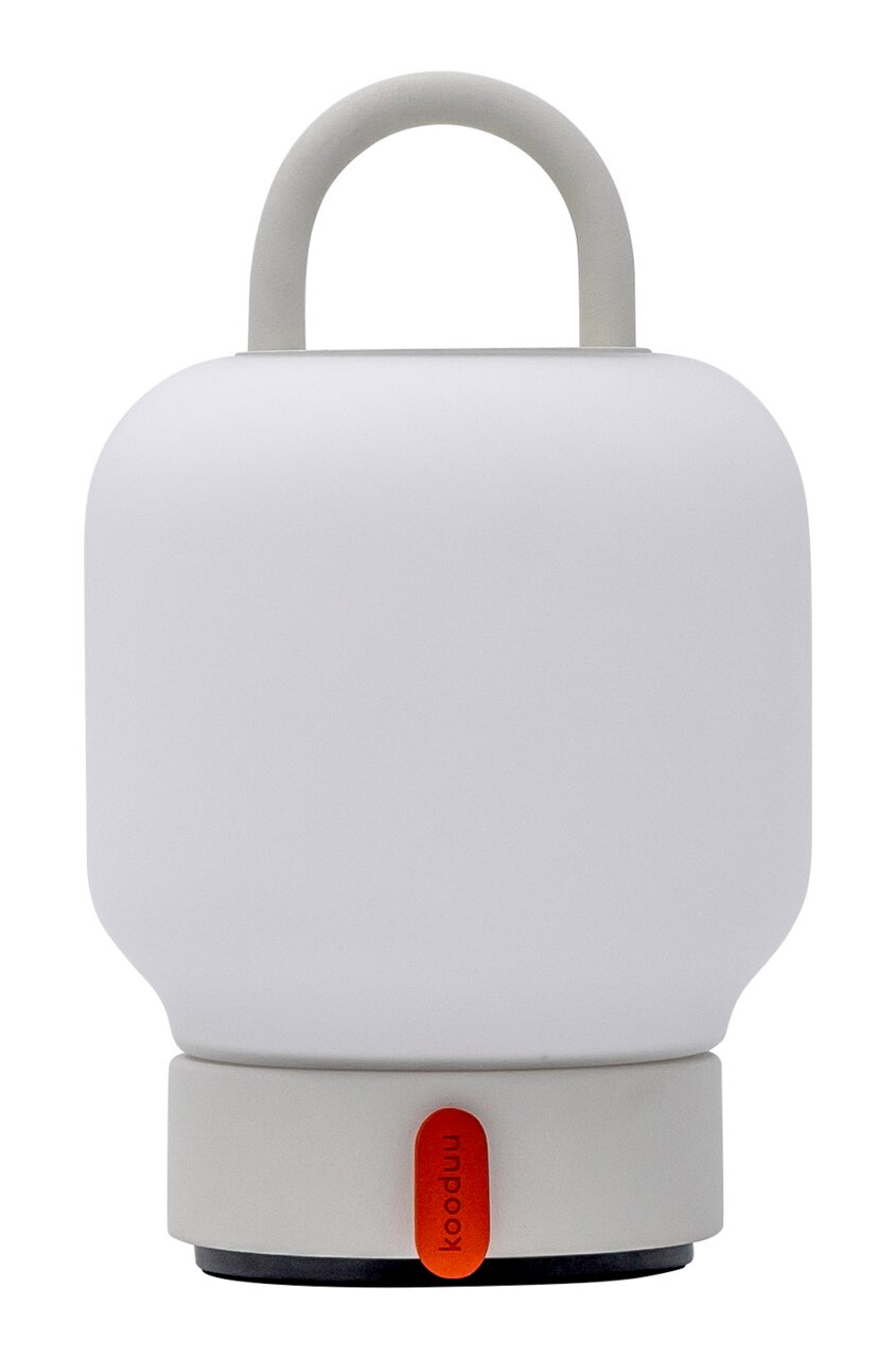 Weiße tragbare Lampe mit Griff, frontal betrachtet, mit einem orangefarbenen Detail an der Basis.