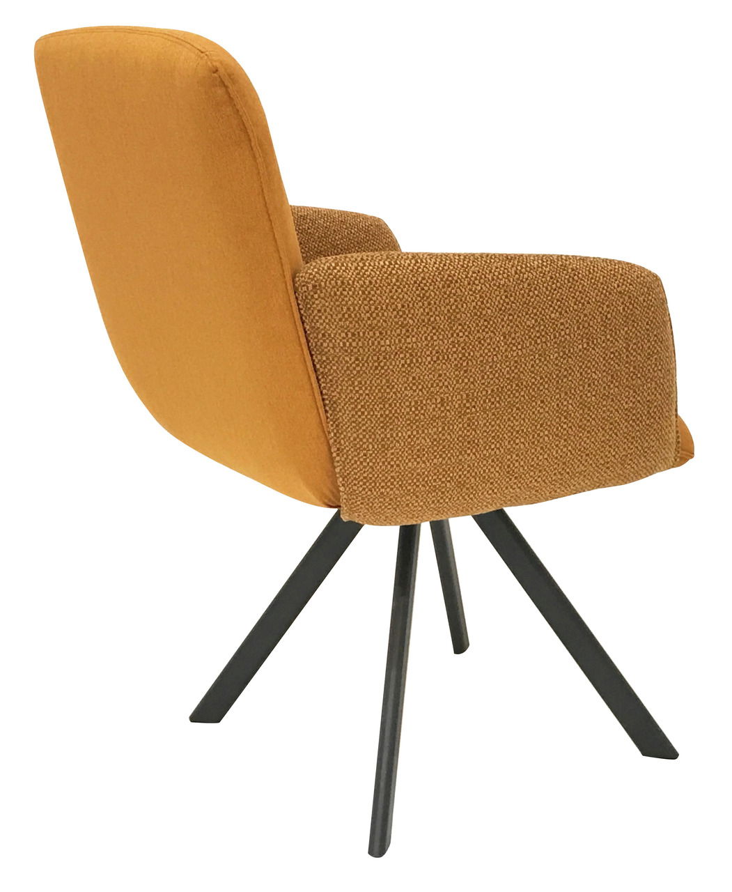 Moderner Sessel in senfgelber Farbe mit schwarzem Metallgestell, seitliche Perspektive