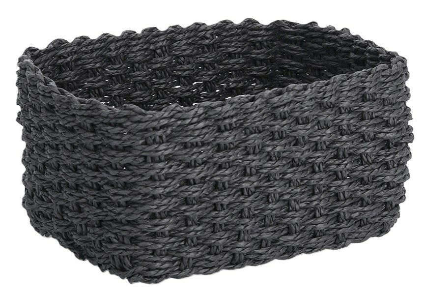 Schwarzer, rechteckiger Aufbewahrungskorb aus geflochtenem Material, seitliche Perspektive