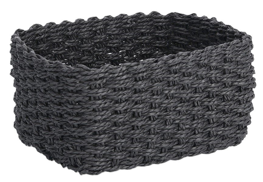 Schwarzer, rechteckiger Aufbewahrungskorb aus geflochtenem Material, seitliche Perspektive