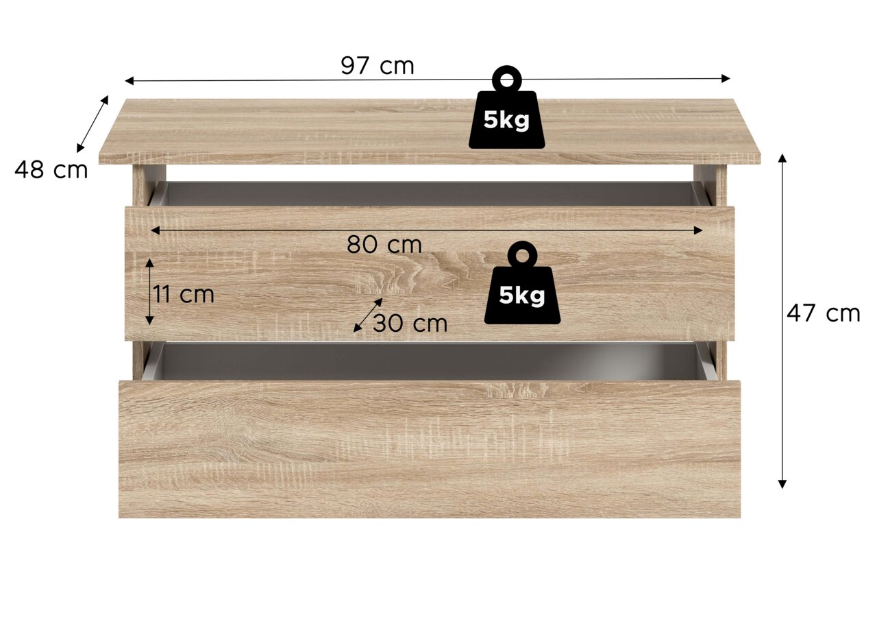 Kommode in heller Eichenholz-Optik mit zwei Schubladen, Vorderansicht, mit Maßangaben (97 x 48 x 47 cm) und Belastbarkeit 5 kg pro Ebene/Schublade