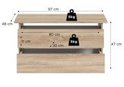 Kommode in heller Eichenholz-Optik mit zwei Schubladen, Vorderansicht, mit Maßangaben (97 x 48 x 47 cm) und Belastbarkeit 5 kg pro Ebene/Schublade