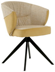 Moderner Armlehnstuhl mit beigem Stoffbezug und schwarzem Metallgestell, seitliche Perspektive