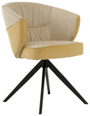 Moderner Armlehnstuhl mit beigem Stoffbezug und schwarzem Metallgestell, seitliche Perspektive