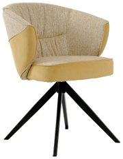 Moderne fauteuil met beige stoffen bekleding en een zwart metalen frame, zijaanzicht