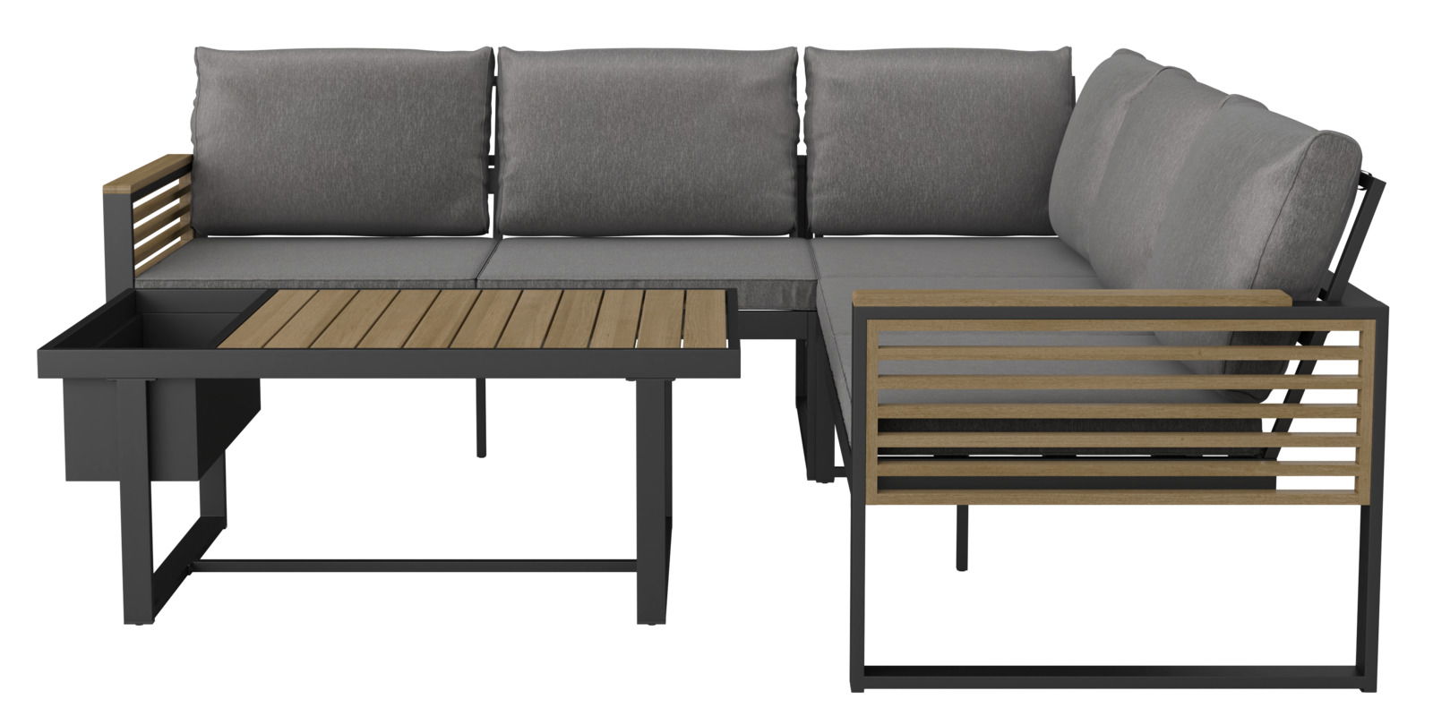 Lounge-Set in L-Form mit grauen Kissen und Holzdetails, seitliche Perspektive