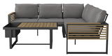 Lounge-Set in L-Form mit grauen Kissen und Holzdetails, seitliche Perspektive
