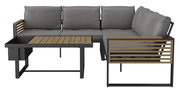 Lounge-Set in L-Form mit grauen Kissen und Holzdetails, seitliche Perspektive