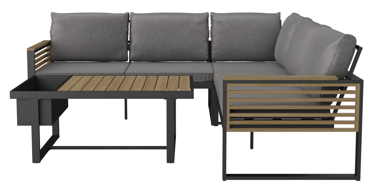 Lounge-Set in L-Form mit grauen Kissen und Holzdetails, seitliche Perspektive