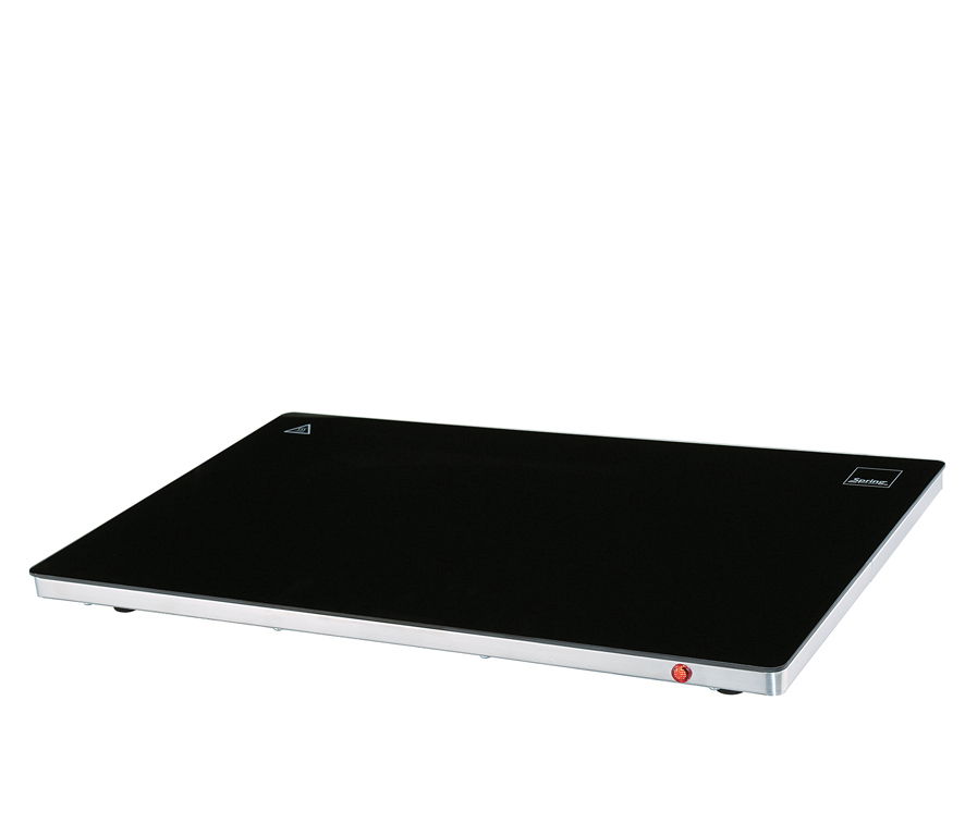 Schwarze Warmhalteplatte PROFESSIONAL in schräger Seitenansicht