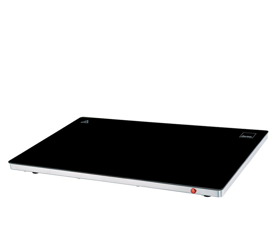 Schwarze Warmhalteplatte PROFESSIONAL in schräger Seitenansicht