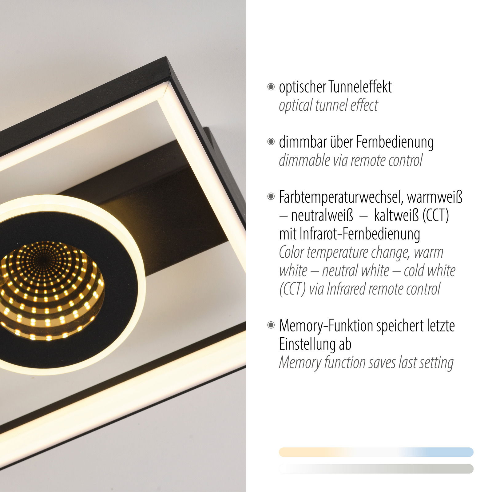 LED-Deckenleuchte mit optischem Tunneleffekt, dimmbar über Fernbedienung, Farbtemperaturwechsel und Memory-Funktion, seitliche Perspektive