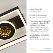 LED-Deckenleuchte mit optischem Tunneleffekt, dimmbar über Fernbedienung, Farbtemperaturwechsel und Memory-Funktion, seitliche Perspektive