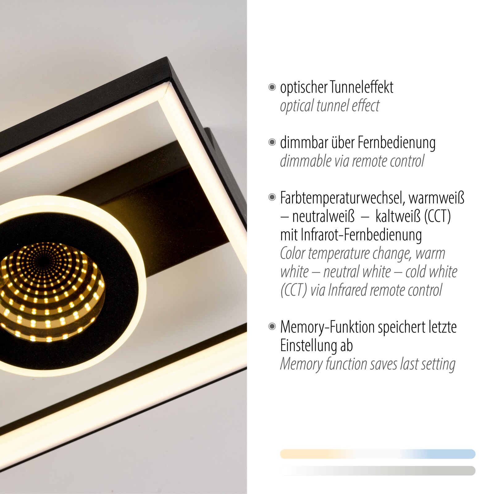 LED-Deckenleuchte mit optischem Tunneleffekt, dimmbar über Fernbedienung, Farbtemperaturwechsel und Memory-Funktion, seitliche Perspektive