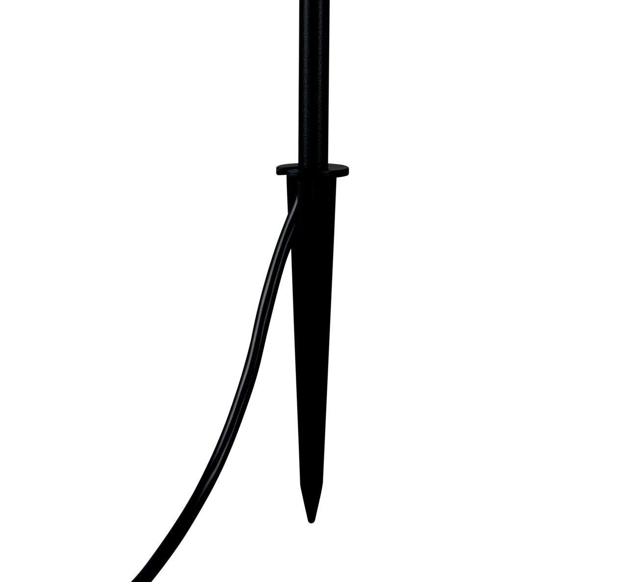 Reality Leuchten 3er-Set LED-Gartenleuchte Nahaufnahme eines schwarzen Erdspießes mit Kabel für eine LED-Gartenleuchte, seitliche Perspektive