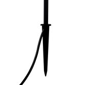 Nahaufnahme eines schwarzen Erdspießes mit Kabel für eine LED-Gartenleuchte, seitliche Perspektive