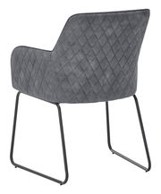 Rückansicht eines grauen Kufenstuhls mit gestepptem Stoffbezug und schwarzem Metallgestell.