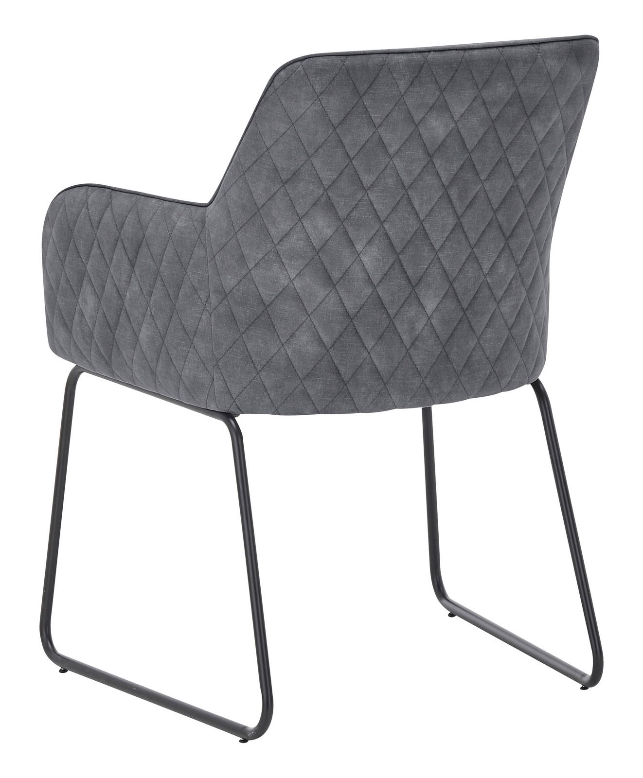 Rückansicht eines grauen Kufenstuhls mit gestepptem Stoffbezug und schwarzem Metallgestell.