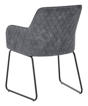 Rückansicht eines grauen Kufenstuhls mit gestepptem Stoffbezug und schwarzem Metallgestell.