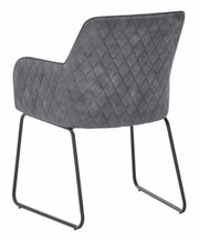 Achterkant van een grijze stoel met glijders, een gestikte stoffen bekleding en een zwart metalen frame.