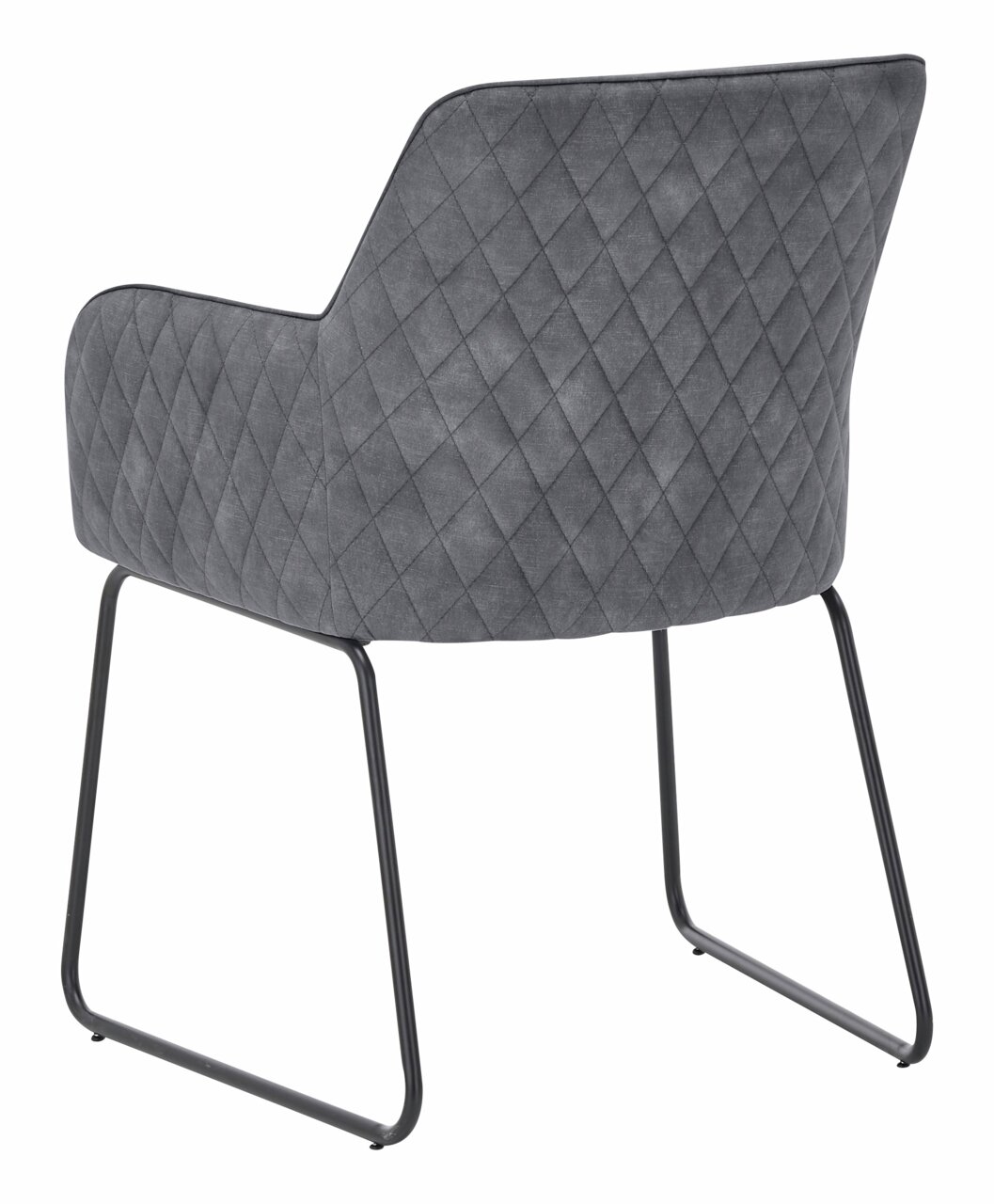 Achterkant van een grijze stoel met glijders, een gestikte stoffen bekleding en een zwart metalen frame.