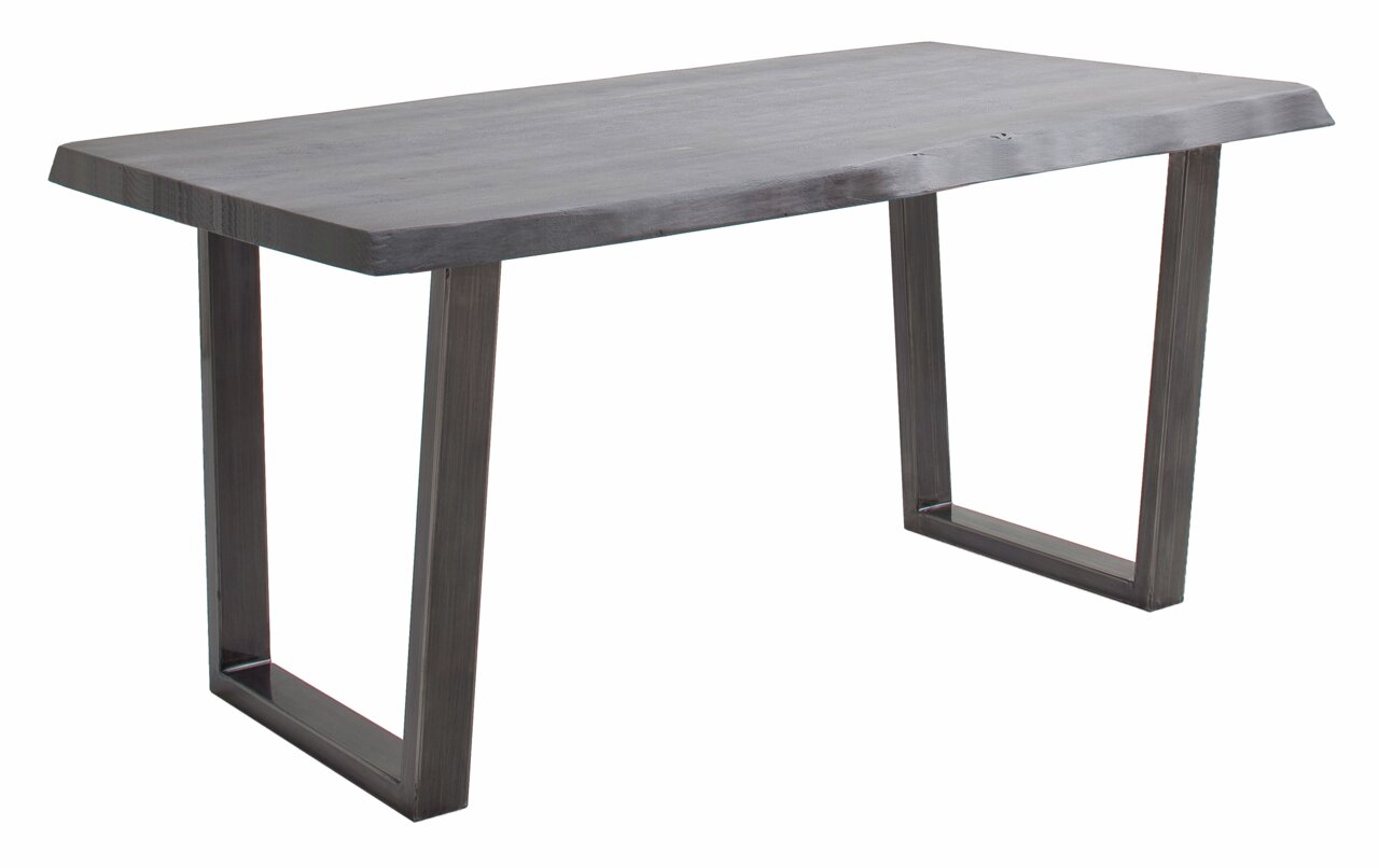 Moderner Esstisch mit rechteckiger Holzplatte und stabilen Metallbeinen, seitliche Perspektive
