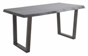 Moderner Esstisch mit rechteckiger Holzplatte und stabilen Metallbeinen, seitliche Perspektive