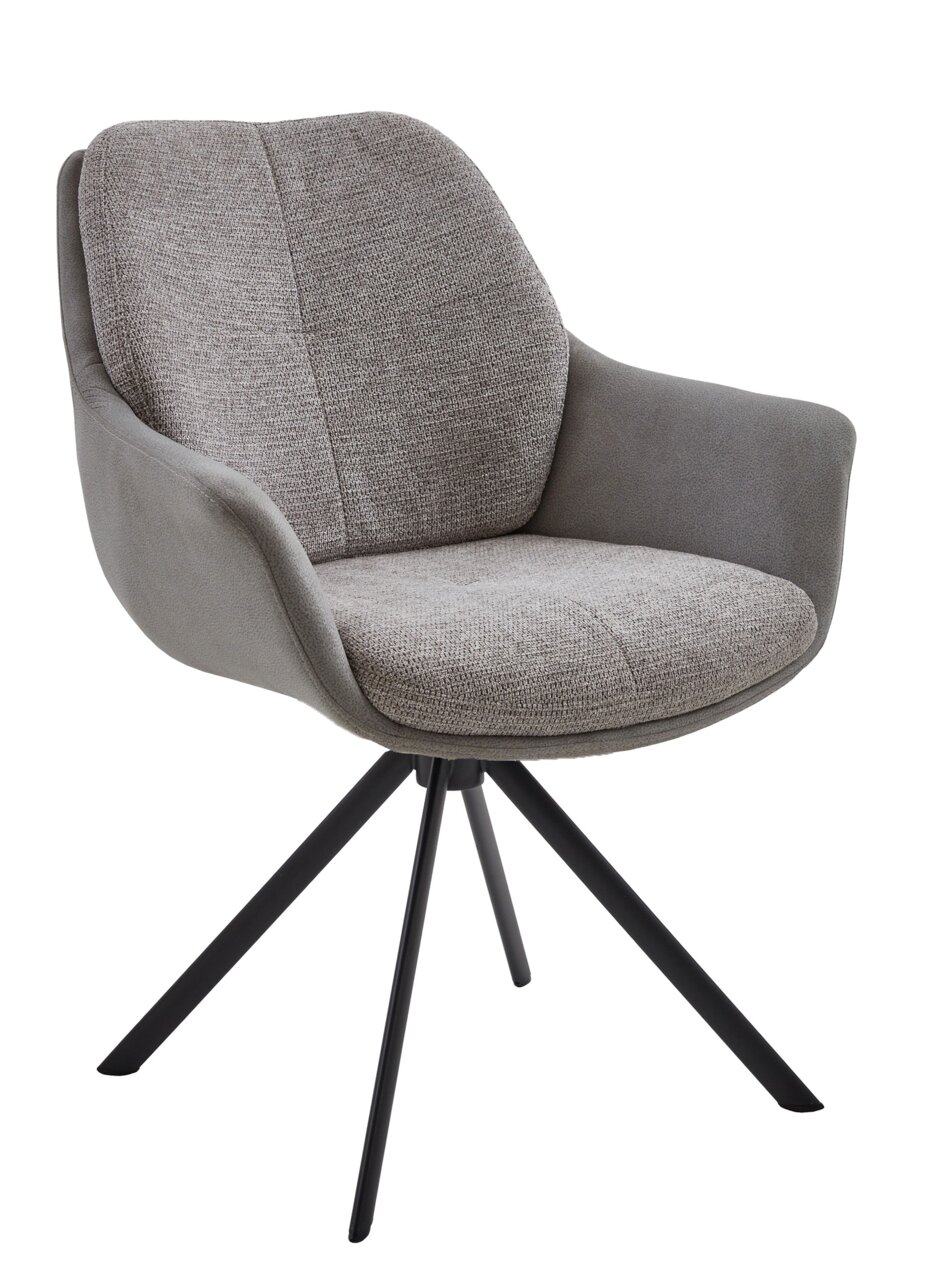 Valnatura Armlehnstuhl MANADO Grauer Armlehnstuhl mit gepolstertem Sitz und Rückenlehne, schwarzes Metallgestell, seitliche Perspektive